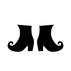Black and white silhouette of witch's shoes on a white background. Halloween decoration for posters, cards, or invitations. Shoe icon.