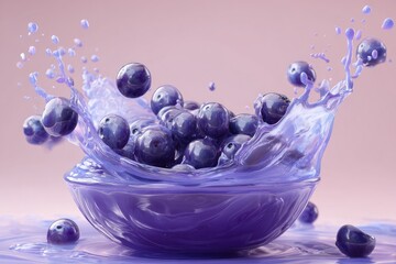 Blueberry splash in a bowl.  Purple juice droplets and fruit