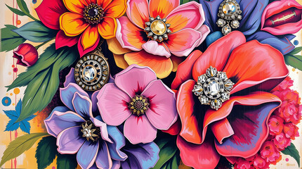 Vibrant floral artwork with large colorful blossoms in red, pink, yellow, purple, and orange, adorned with sparkling jeweled brooches, blending nature and luxury in a bold artistic composition.