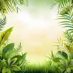 A verdant tropical jungle pattern with lush green leaves and bamboo branches creates a natural, floral background © Phatchara