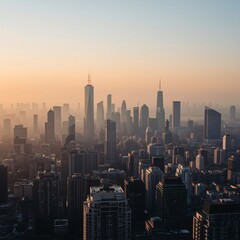 Naklejka premium Panoramic Sunrise View of Modern City Skyline with Skyscrapers
