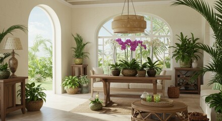 Fototapeta premium Bright Tropical Room Interior Design with Wooden Furniture