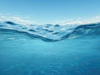 Split view of clear ocean water.  Above and below the surface, with waves and ripples.  A vibrant blue hue pervades