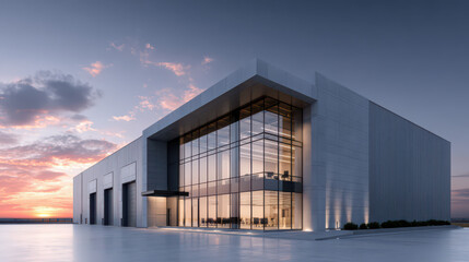 Modern Architectural Marvel: A contemporary structure stands tall, its clean lines and expansive glass facade reflecting the ambient light of a sunset sky, evoking a sense of innovation and grandeur.