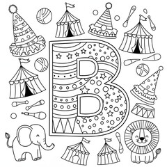 Circus letter coloring page. Festive carnival illustration. A patterned letter B with circus tents, elephants, lions, party hats, and juggling pins. Fun activity sheet for kids.