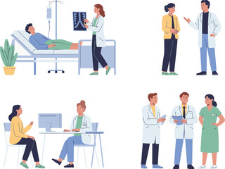 Medical illustration of doctors consulting patients, hospital healthcare service, teamwork, treatment discussion, diagnosis explanation, professional staff, modern clinic environment