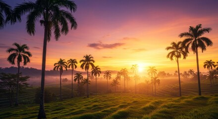 Obraz premium Vibrant Tropical Sunset with Silhouetted Palm Trees