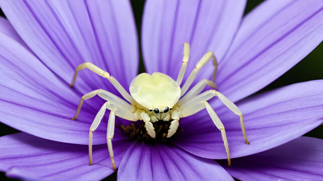 Misumena vatia crab white spider on purple flower petals cannibalizing other spider