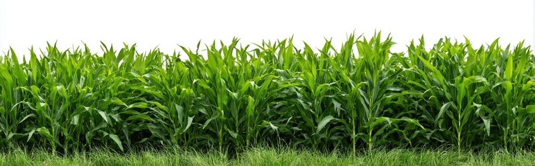 Obraz premium Lush green corn stalks stand in a field, against a white background