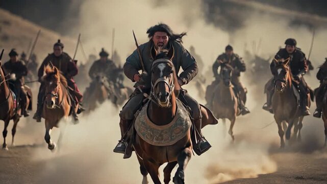 A determined warrior leads a cavalry charge through dust and chaos.