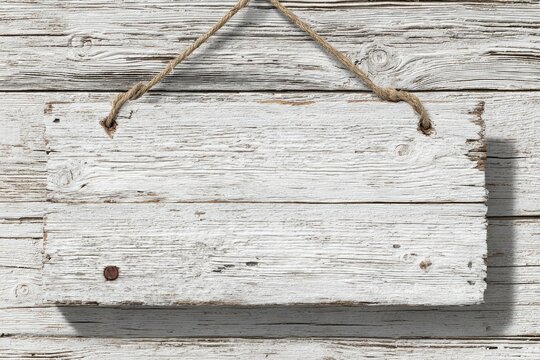 Empty white wooden sign hanging on weathered wood