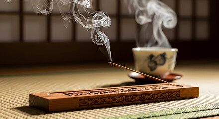 Burning incense stick with smoke rising near a cup of tea