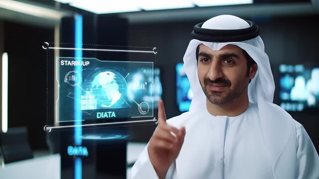 Arab businessman in kandura interacting with virtual display screen futuristic vision of arab world power
