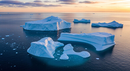 Aerial view of several icebergs floating in the ocean under a colorful sunset.