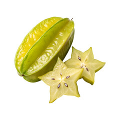 Fototapeta premium Fresh star fruit, whole and sliced, isolated on transparent background.