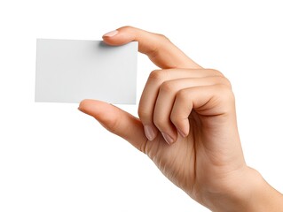 Obraz premium A woman's hand holds a blank business card against a white background