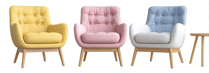 Three pastel-colored armchairs with light wooden legs, set against a plain background.  Each chair features a rounded, upholstered back and seat, with a tufted design.