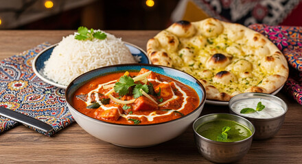 Indian butter paneer dish with rice and naan bread on a wooden table.