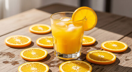 Glass of orange juice with ice cubes and orange slices on a wooden table.