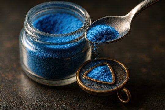 Bright blue powdered enamel being spooned into a teardrop-shaped metal frame for jewelry making in a detailed artisan process.