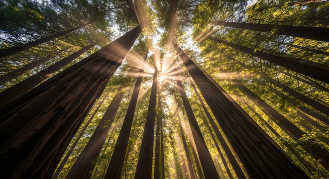 Sunlight streaming through tall redwood trees in a forest canopy