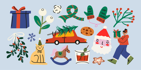 Merry Christmas and New Year cute retro stickers set. Santa Claus, car with Christmas tree, winter branches, cocktail, gifts, Christmas decorations. Festive vector winter holiday elements