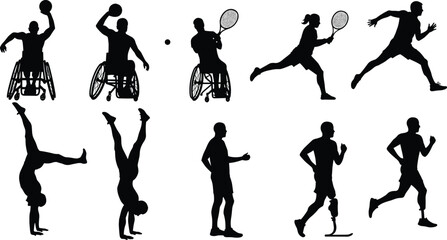 Silhouettes of Disabled and Able-Bodied Athletes in Dynamic Motion – Wheelchair Tennis, Amputee Running, Adaptive Sports, Fitness, Inclusion, Strength