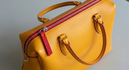 Chic Mustard Yellow Leather Handbag with a Bold Red and Pink Zipper Accent.
