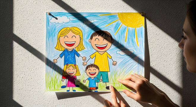 Child s colorful drawing of a happy family with a bright sun
