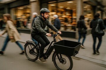 Obraz premium Urban courier on electric cargo bike rides through shopping district with insulated white box, ensuring efficient city delivery service.