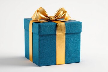 Teal gift box with gold ribbon bow.  A square, teal-blue gift box, adorned with a gold ribbon bow and matching stripes.  It sits centered against a plain white background