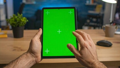 Naklejka premium Man uses tablet with green screen on wooden desk in modern office at night, showcasing technology's role in contemporary work environments.