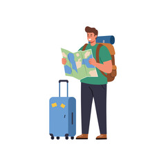 Vector art of a smiling man with a backpack and suitcase holds a map, isolated on a, ready for a journey