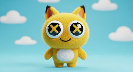 Whimsical Yellow Furry 3D Character with X-Eyes Smiling in a Cartoon Cloudscape.
