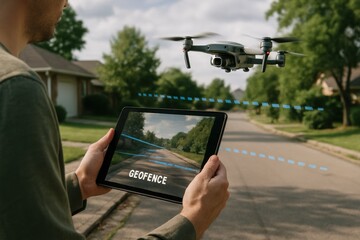 Man uses tablet to monitor drone flight within a suburban geofenced area, displaying virtual boundary lines in augmented reality.