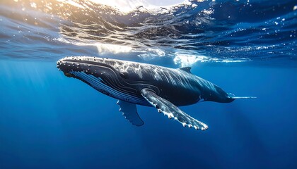 Obraz premium Majestic Humpback Whale Underwater with Sunlight Beams, Ocean Life, and Blue Water.
