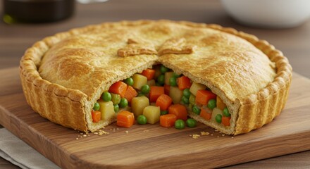 Golden Brown Vegetable Pot Pie on Wooden Board