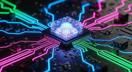 Close-up view of a glowing circuit board with a central processor chip.