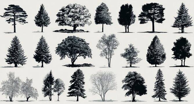 Collection of black and white tree silhouettes