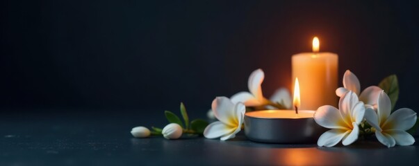 Dark background condolence card design; burning candle, white flowers, copy space, photo, prayer, grief