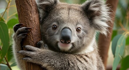 Obraz premium Close-up of a cute koala bear clinging to a tree branch, showcasing its adorable face