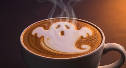 Close-up of cappuccino with a ghost latte art design and rising steam.