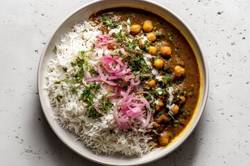 chole chawal bowl with chickpea curry, rice, and fresh garnishes