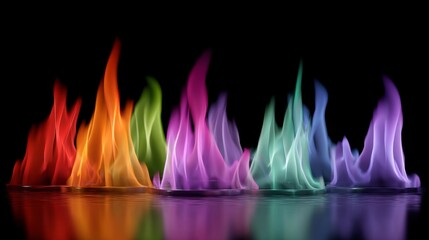 Series of colorful flames are reflected in the water. The colors are vibrant and the flames are long and thin. Concept of energy and excitement