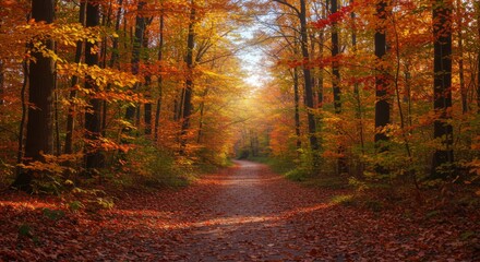 Autumn Forest Path with Colorful Leaves and Sunlight
