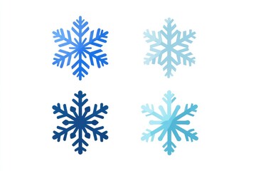 Four stylized snowflakes in shades of blue, arranged in a 2x2 grid on a white background.  Each snowflake has intricate, symmetrical designs