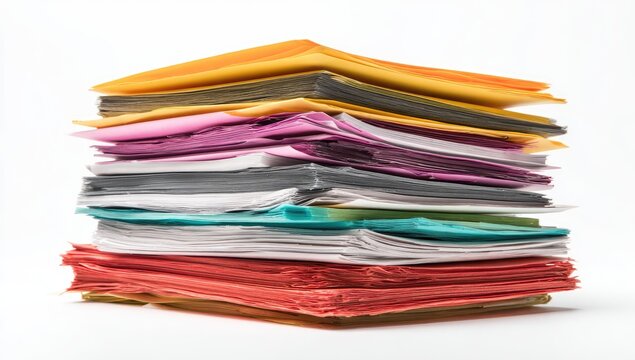 A substantial stack of colorful folders and documents.  Documents, folders, and files of various shades, including orange, yellow, grey, pink, purple, teal, and red, are neatly piled high. 