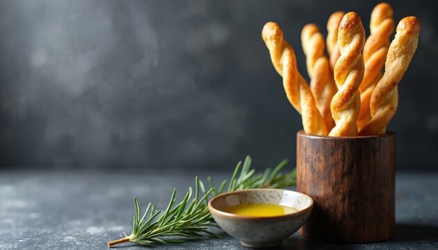Crispy breadsticks served in wooden holder with olive oil dip, rosemary sprig. Rustic presentation of gluten ingredients, ideal for Mediterranean Italian dining. Artisan snack, savoury taste, crunchy - Powered by Adobe