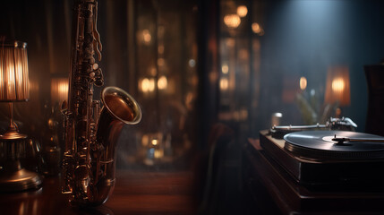 Jazz lounge scene with saxophone, vinyl record player and whiskey glass
