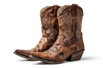 Worn brown leather cowboy boots.  Pair of used, light brown leather cowboy boots, pointed toes,  embellished with decorative stitching.  Slightly distressed, worn look.  On white background